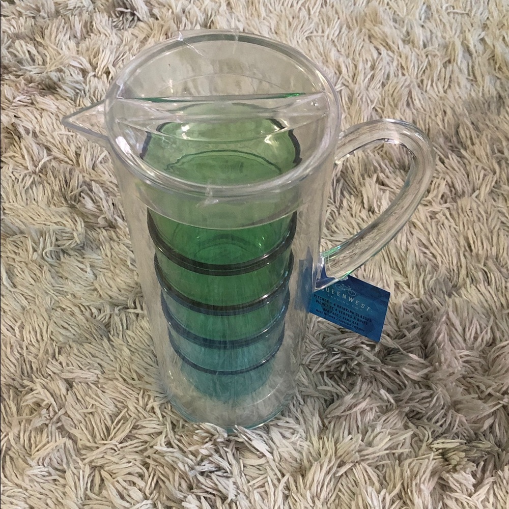 New Pitcher with green and blue plastic glasses